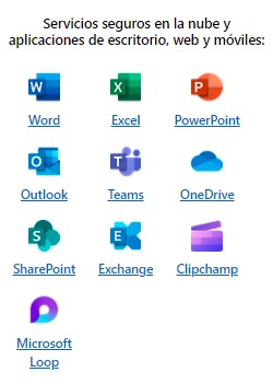 incluye: Office de escritorio, Correo 50GB, Onedrive y Teams Office de escritorio, Correo 50GB, Onedrive y Teams
